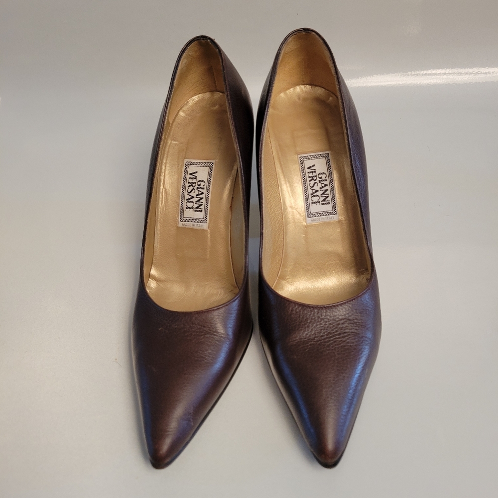 Vintage Gianni Versace Block Brown Leather Medusa Head Heels EU 35.5 35 5.5 - Picture 2 of 16